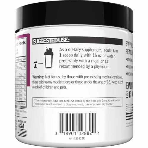 Dietary supplement container with usage instructions.
