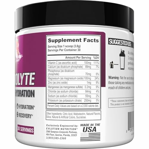 Electrolyte supplement container showing supplement facts and suggested use.