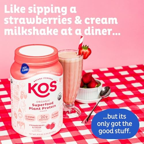 KOS strawberries and cream protein powder with milkshake and strawberries.