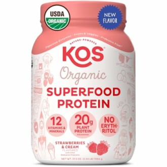 KOS Organic Superfood Protein, Strawberries & Cream flavor, 20g plant protein, no erythritol.