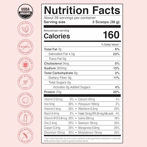 Nutrition facts label for organic protein with USDA organic seal and various health icons.