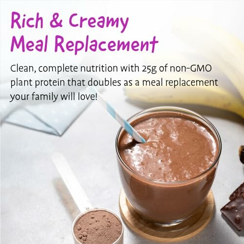 Glass of chocolate meal replacement shake with a straw, banana, and protein powder.
