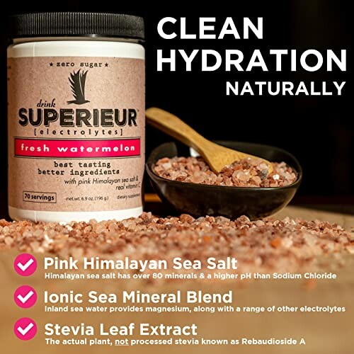 Superieur electrolytes drink with pink Himalayan sea salt and stevia.