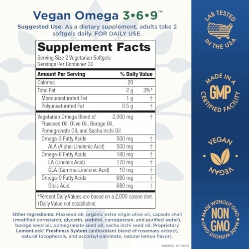 Vegan Omega supplement facts label with ingredients and certifications.