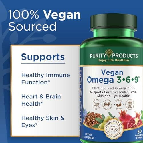 Vegan Omega 3-6-9 supplement for immune, heart, brain, skin, and eye health.