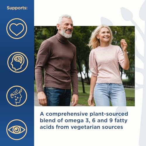 Couple walking in park promoting plant-sourced omega fatty acids.