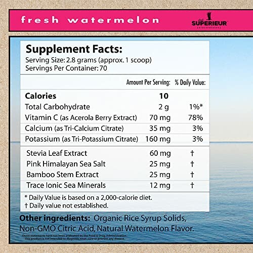 Supplement facts for fresh watermelon product, including calorie count and ingredients.